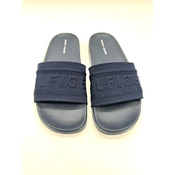 TOMMY HILFIGER Womens Navy Knit Logo Pool Slides Dollop Round Toe Slip On Slide - Picture 1 of 6